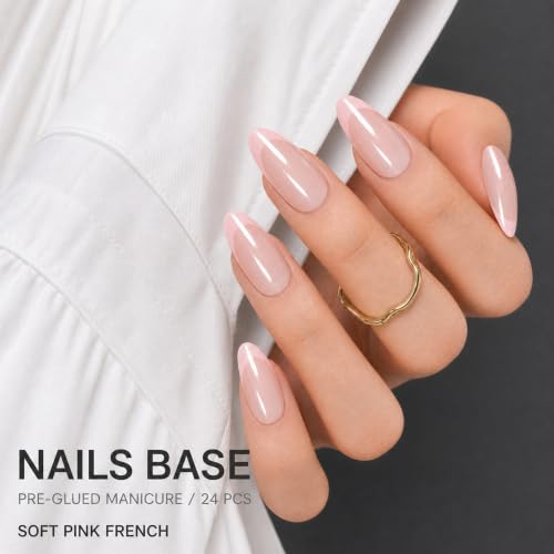 French Tip Press On Nails, 30PCS Almond Pink Nude Fake Nails - color: Light Pink Solid Nails