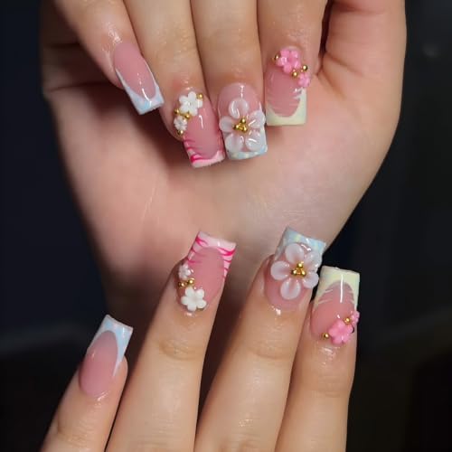 French Tip Press on Nails Medium Square 3D Floral Spot Design - color: Pink White Red Blue