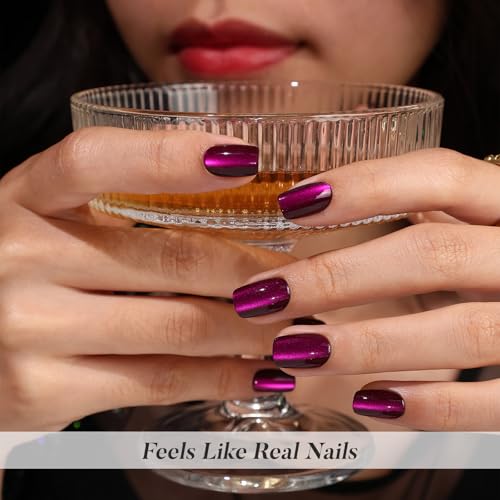 SHANGMENG Halloween Press on Nails, Square Short Plum Purple Cat Eye Nails - color: Amethyst