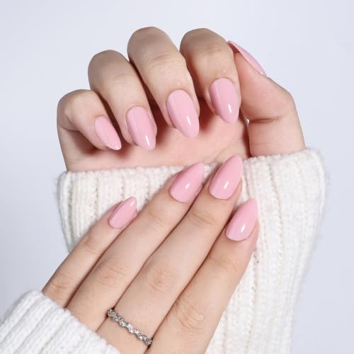 Light Pink Press On Nails, Short Almond, Glossy Blush Glue On Nails - color: A6-Light pink