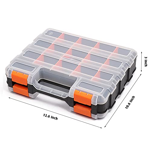 Mayouko Double Side Tools Organizer, Customizable Removable Plastic Dividers, Hardware Box Storage, Excellent for Screws,Nuts,Small Parts, 34-Compartment, Black/Orange,12.6"L x 10.6"W x 3.2"H - color: Orange, size: 34 Compartments