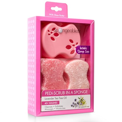 Spongeables Pedi Scrub Foot Exfoliating 20+ Wash Sponge, Lavender, 2 Count, Includes Storage Case - color: Lavender Tea Tree Oil, size: 2 Count + Storage Case