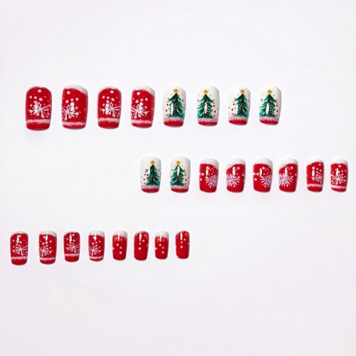 24 Pcs Christmas Press on Nails Xmas Trees & Snowflake Fake Nails with Design Winter Snowflake False Nail Glossy Red Full Cover Christmas Artificial Stick on Nails Art for Women DIY Nail - color: Style 45