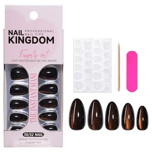 Dark Brown Cat Eye Press on Nails Short Almond Glitter Fake Nails 30 Pcs - color: Style-13