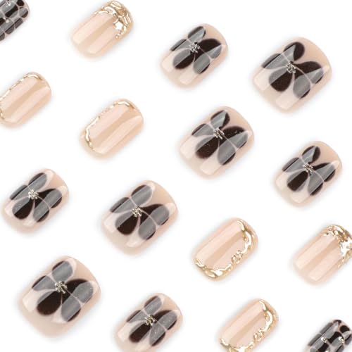 French Tip Press on Nails Short Square Fake Nails with Flower Glitter Designs Glossy Nails Press ons Brown Gold Glue on Nails Fall False Autumn Stick on Nails for Women 24Pcs - color: 3