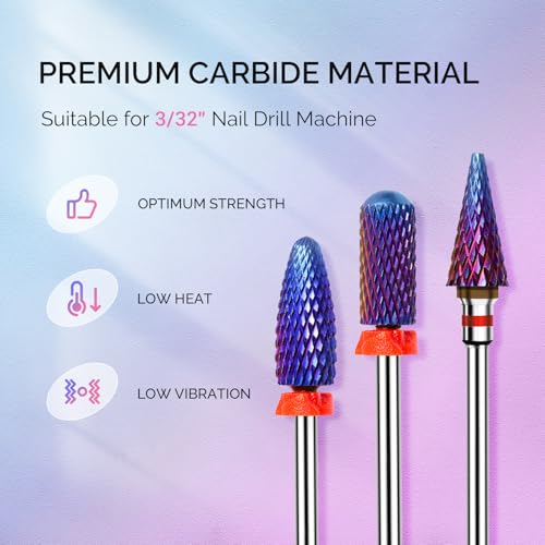 MelodySusie 3Pcs Nail Drill Bits Set, 3/32'' Carbide Tungsten Bits, Long Flame, Smooth Round Top Small Barrel and Tapered Nib Bits, Suitable for Manicure Pedicure Cuticle Gel Acrylic Remover, Purple - size: C Set