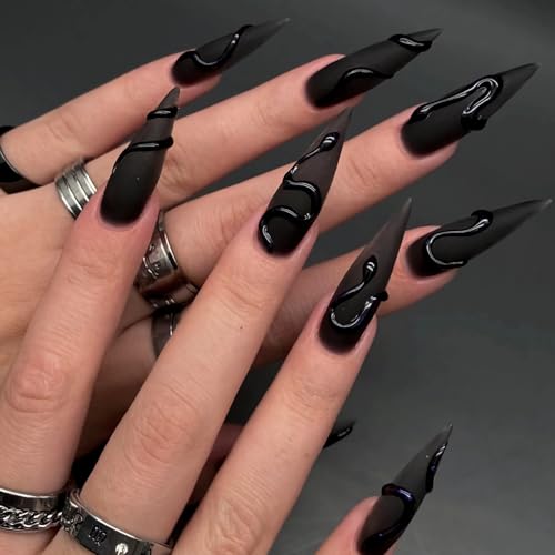 MISUD Press on Nails - Long Stiletto Glue on Nails with Goth Black, Acrylic Gothic Snake Design 24 pcs - color: 06121Black
