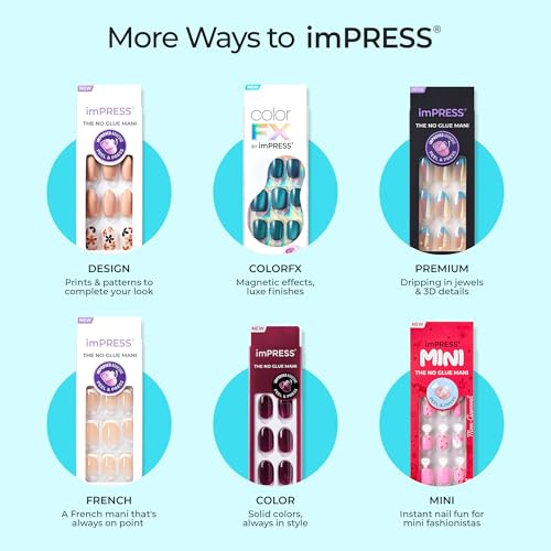 Kiss Impress No Glue Mani Press On Nails, Design, 'Sol', Pink, Medium Size, Coffin Shape, Includes 30 Nails, Prep Pad, 1 Manicure Stick, 1 Mini File