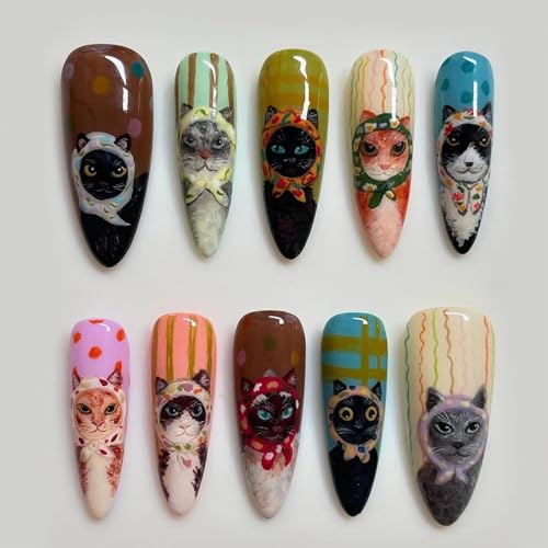 MISUD Press on Nails - Long Stiletto Fake Nails with Cute Acrylic Cartoon Cat Design 30 pcs - color: 06103-01-03Brown
