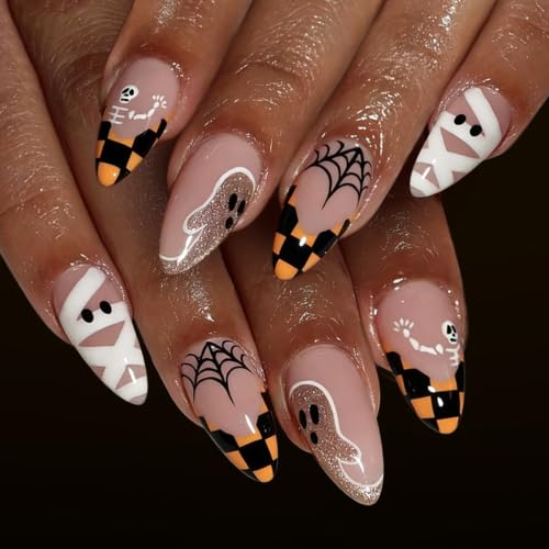 Halloween Almond Press On Nails Medium Nude Fake Nails French False Nail - color: Style C007, size: Medium
