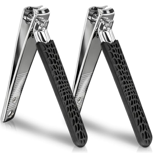 Black Non-Slip Stainless Steel Nail Clippers Set – 2 Large Long-Handle Toenail & Fingernail Trimmers with Textured Silicone Grip
