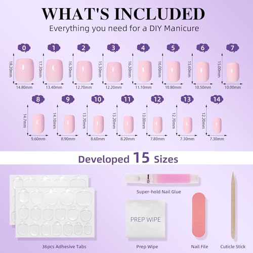 Glossy Pink Press On Nails, Short Square Reusable Nails - color: A1-Light Pink