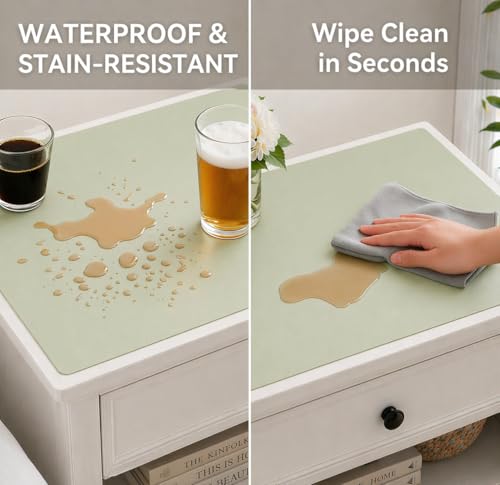 Leather Nightstand Mat for Bedside Table, Waterproof Vanity Desk and Nail Table Mat, Non-Slip Dresser Top Cover for Makeup, Perfume and Daily Essentials(Green, 17.7"*15.7") - color: Green, size: 17.7"*15.7"