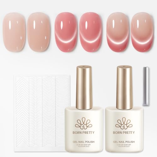 BORN PRETTY French Tip Cat Magnetic Eye Gel Polish Set with Nail Stickers - color: Soft Pink Magnetic & Jelly Pink