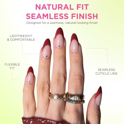 PaintLab 3D Gem Red French Tip Press On Nails, Medium Almond, 30pc Nail Kit - color: Pinot Noir