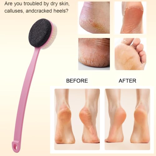 Pumice Stone Brush for Feet with 13.7" Long Handle, 2-in-1 Shower Foot Scrubber Callus Remover Pedicure Tool, Dead Skin Remover, Back Scrubber Body Brush for Shower Deep Cleansing, Pink - color: Pink Pumice