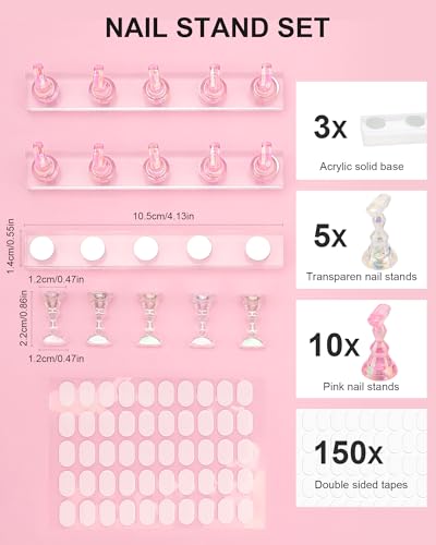 Nail Stand for Press Ons, Nail Holder for Painting Nails, Upgraded Solid Acrylic Magnetic Fake Nail Stands Tips, 3 Nail Holder with Double-sided Tape Practice Nail Art Tools - color: Pink+Clear