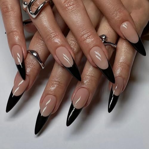 Long Stiletto Press on Nails Black French Tip Fake Nails 24Pcs - color: Color-3