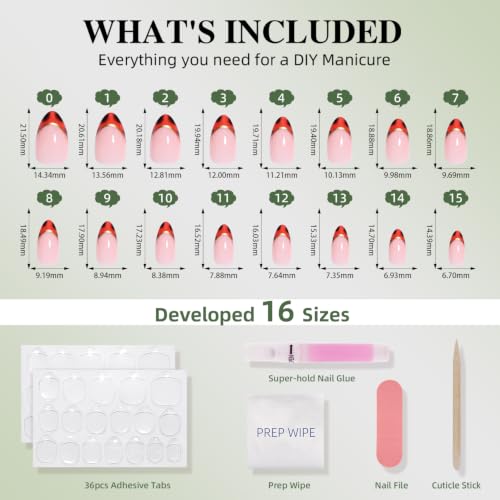 Red French Tip Press On Nails - French Tip Almond Fake Nails - color: 3D - Red French Gold Line