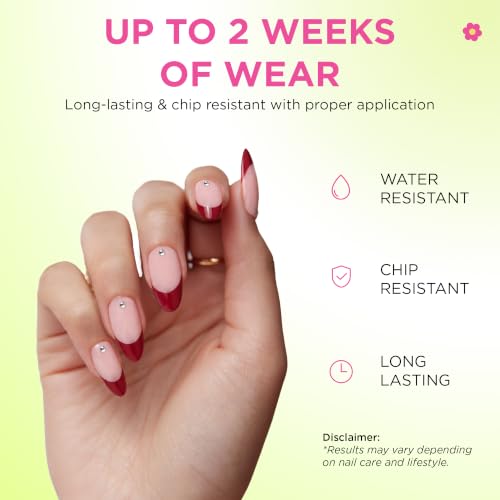 PaintLab 3D Gem Red French Tip Press On Nails, Medium Almond, 30pc Nail Kit - color: Pinot Noir