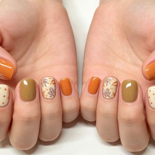 Autumn Press on Nails Short Square Fake Nails with Maple Polka Dot Designs Glossy Nails Press ons Orange Yellow Brown Glue on Nails Full Cover Acrylic Nails Fall Stick on Nails for Women 24Pcs - color: 13