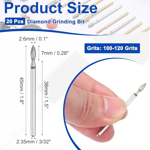 20 Pcs Diamond Grinding Bit, 100-120 Grit 2.6x7mm Oval Head