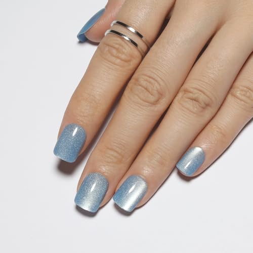 Light Blue Press On Nails Square – Short Cat Eye Fake Nails 30PCS - color: M02-Aurora Mist