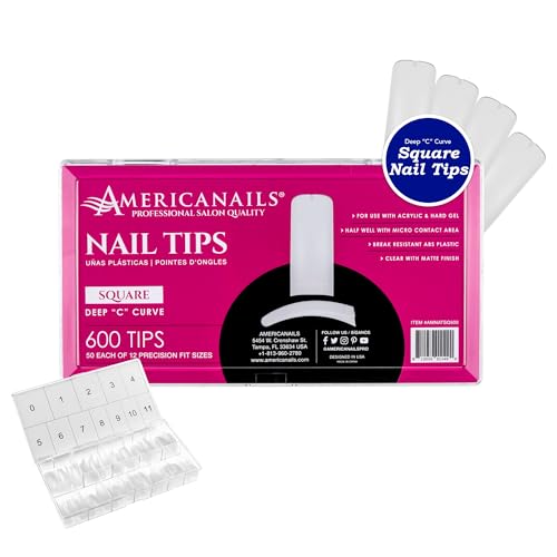 Americanails Nail Tips - Square (Deep "C" Curve) 600ct – Ideal for Acrylic and Hard Gel, Break Resistant ABS Plastic, Clear Matte Finish, Half Well with Micro Contact Area - color: Square (Deep "C" Curve), size: 600 Nail Tips