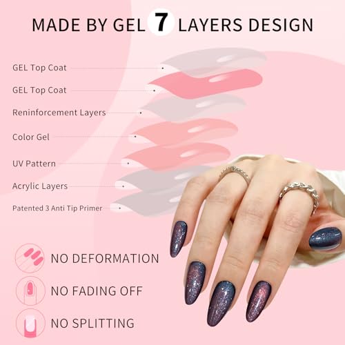 Dark Blue Almond Cat Eyes Press On Nails,12 Sizes - 24 Pcs Soft Gel Blue Medium Fake Nails Kit with Nail Glue, Natural Reusable Stick On False Nails for Women and Girls SK1008 - color: SK1008-Dark Blue