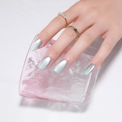 Light Blue Press On Nails Medium, Cat Eye Coffin Press On Nails with Crystal Glow Design, Fashion Gel Fake Nails, Reusable Coffin Fake Nails, Stick On Nails for Women, Crystal Frost - color: C5-Crystal Frost