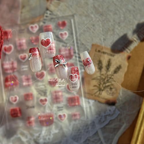 Love Letter Nail Stickers 5D Embossed – Premium Salon-Quality Self-Adhesive Nail Wraps, Tweed Warm Wine Red & Gold Sparkle Heart Designs, Easy Application for DIY Manicure, Press On, Home or Salon Use - color: Love Letter