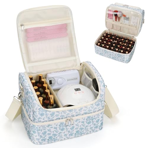 CUBETASTIC Nail Polish Organizer, Nail Supplies Storage Case Holds 45 Bottles Nail Polish & Nail Lamp, Travel Nail Tech Carrying Bag, Nail Kit Bag For Nail Stuff & Manicure Tools - color: Blue Floral, size: 45 Slots