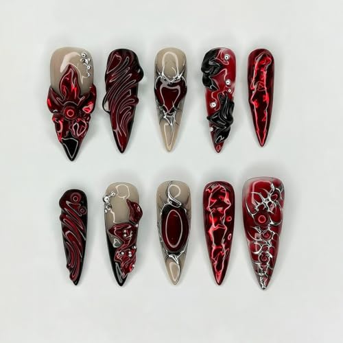 Gothic Stiletto Press On Nails Y2K Dark Red Fake Nails 3D Embossed Heart Flower Designs Full Cover Glossy Glue On Nails Goth Acrylic False Nails for Women Punk Halloween Nail Decor 24Pcs - color: special Gothic-17
