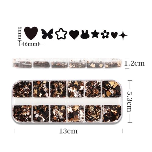 1 Box 2 Color Holographic Butterfly Hearts Nail Glitter Black Gold Nail Sequins 3D Star Flower Nail Flakes Sparkly Powder Flakes Shiny Nail Confetti Rabbits Chunky Glitter for Nails Art 12 Grids - color: Color 38