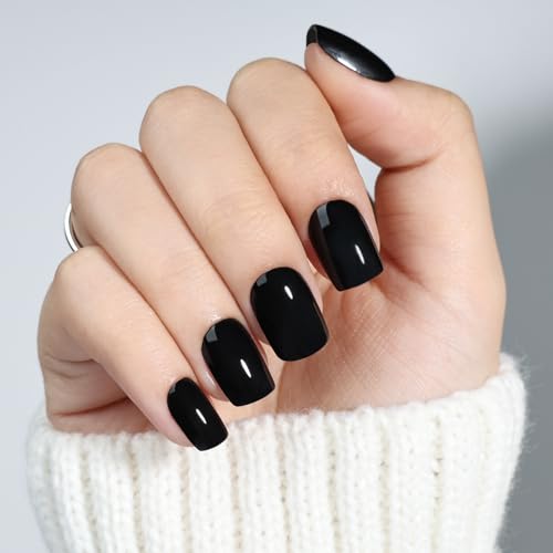 Black Press On Nails Square - Goth Short Square Fake Nails - color: 6C - Pure Black