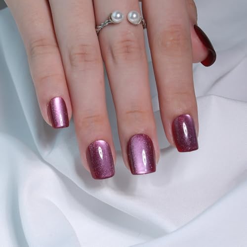 Plum Purple Press On Nails Square – Short Cat Eye Fake Nails with Color-Shifting Glow, Glossy Gel Acrylic Nails 15 Sizes, 30 Nails, Thick Reusable Glue On Nails for Daily Wear & Women Gifts - color: M12-Plum-Purple