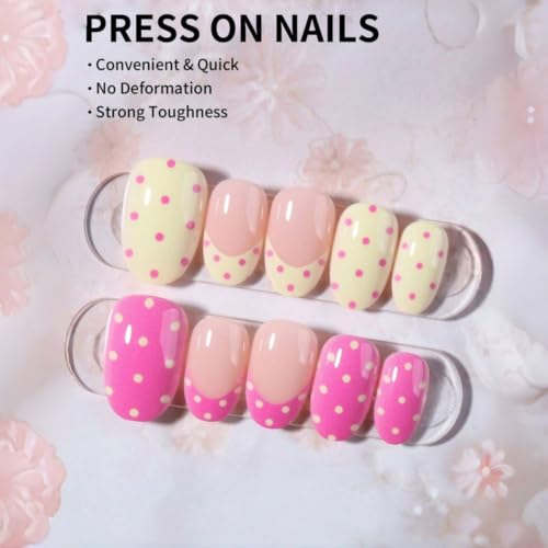 Polka Dot Short Almond Press On Nails Pink Yellow French Tip Fake Acrylic - color: BD-Pink Yellow-1