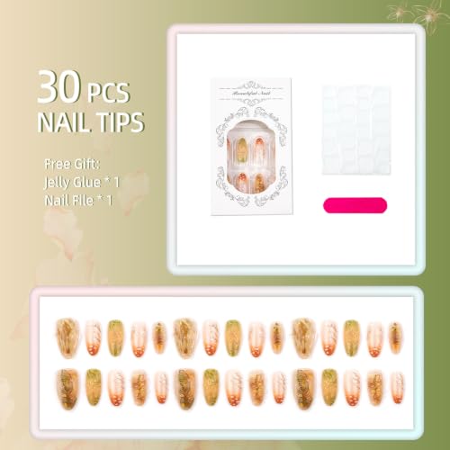 30pcs Fall Press on Nails Thanksgiving Acrylic Fake Nails Floral Design - color: Halloween Press on Nails 18