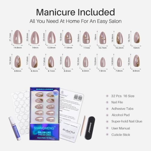 SHANGMENG Press on Nails, Almond Short 3D Rose Pink Cat Eye Nails, Soft Gel - color: Champagne Muse