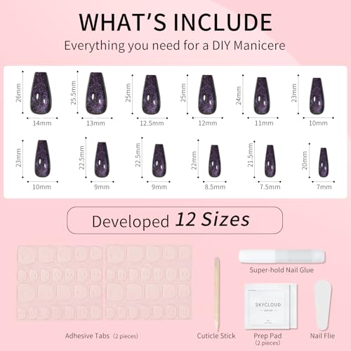 Cat Eyes Press On Nails,12 Sizes - 24 Pcs Soft Gel Dark purple Medium Coffin Fake Nails Kit with Nail Glue,Reusable Stick On False Nails for Women and Girls (Skycloud Cateye Dark purple) SK0705 - color: SK0705-Fuchsia