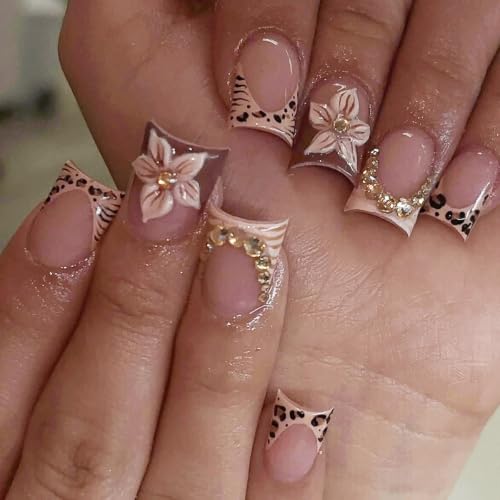 French Tip Press on Nails Short Square Leopard Flower Design - color: Brown Black Gold Pink