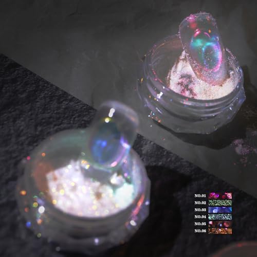 Ice Transparent Aurora Nail Powder Neon Rainbow Holographic Chameleon Powder Multi Chrome Iridescent Pigment Pearlescent Nail Art Glitters (6 Boxes Transparent) - color: 6 Boxes Transparent