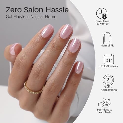 SHANGMENG Press on Nails, Square Short Light Pink Chrome Nails, Soft Gel - color: Blush Veil