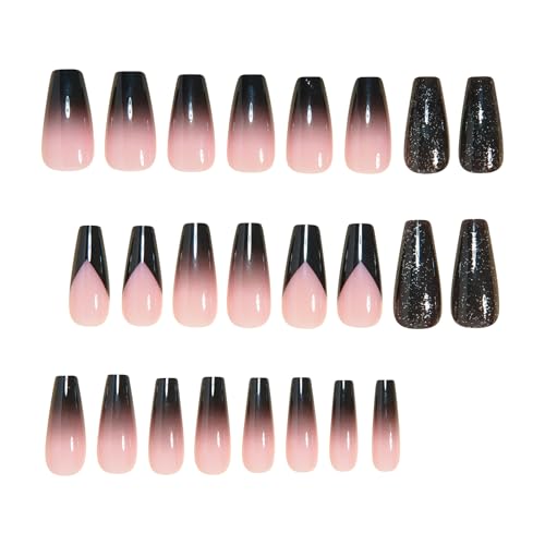 MISUD Press on Nails - Long Coffin Fake Nails with Goth Black, Acrylic Bling Glitter Design 24 pcs - color: 019A05-09Black