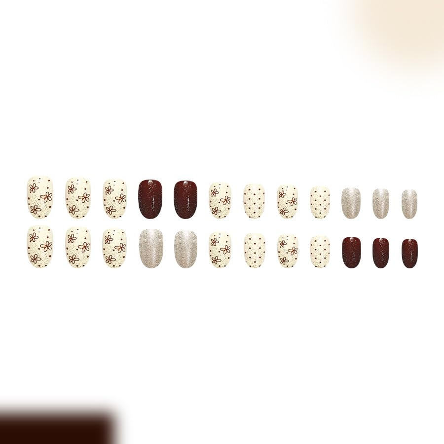 24Pcs Fall Flower Press on Nails Short Almond Polka Dots Fake Nails - color: Fall10