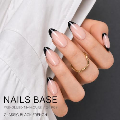 30Pcs Black French Tip Press On Nails, Soft Gel Almond Nails - color: Various colors