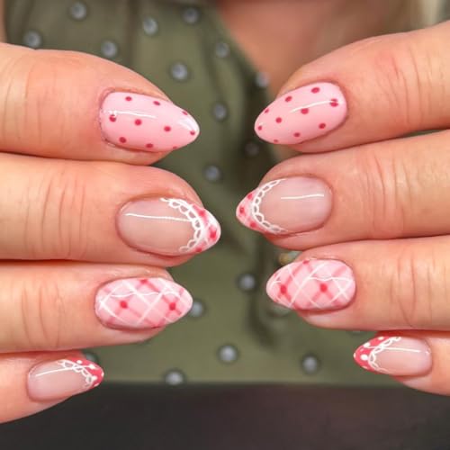 Pink Press on Nails with Polka Dot Checkered Design - Lace French Tips Fake Nails Short Almond False Nails Full Cover Glossy Stick on Nails Manicure Kit for Women 24PCS - color: Style-03