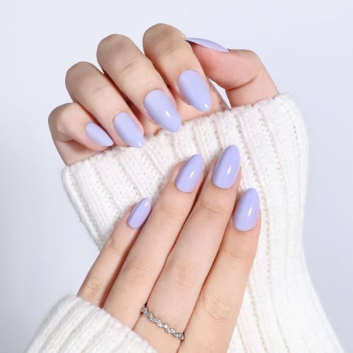 Lavender Press On Nails, Short Almond, Glossy Pastel Purple Glue On Nails - color: D9-Light Purple