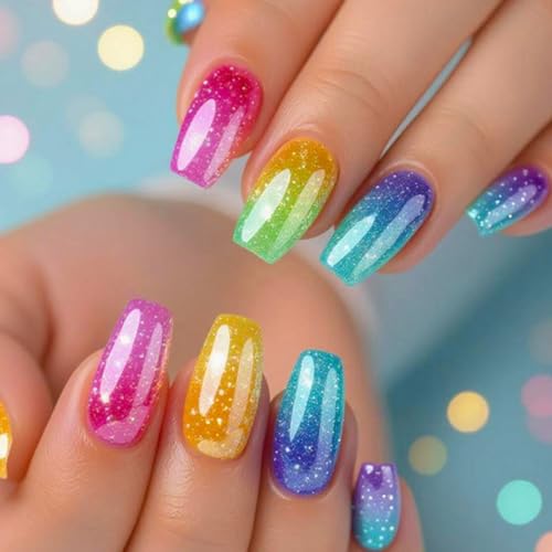 24pcs Long Coffin Press on Nail Colorful Fake Nails with designs Acrylic Press ones Glitter Gradient Stick on Nail Full Cover Reusable Glue on Nails for Women Summer Manicure - color: flower39