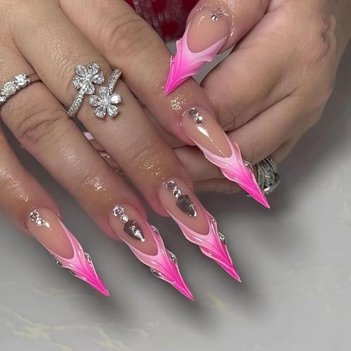 MISUD Press on Nails - Long Stiletto Fake Nails with Hot Pink, Acrylic Handmade 3D Rhinestone Design 24 pcs - color: 06103Pink